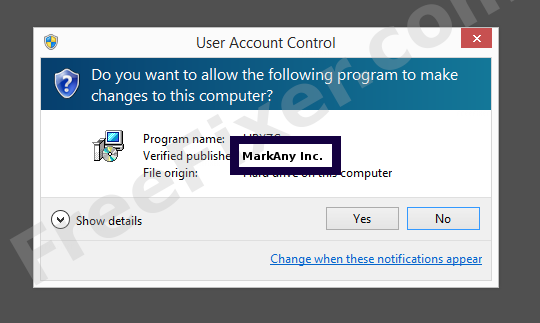 Screenshot where MarkAny Inc. appears as the verified publisher in the UAC dialog